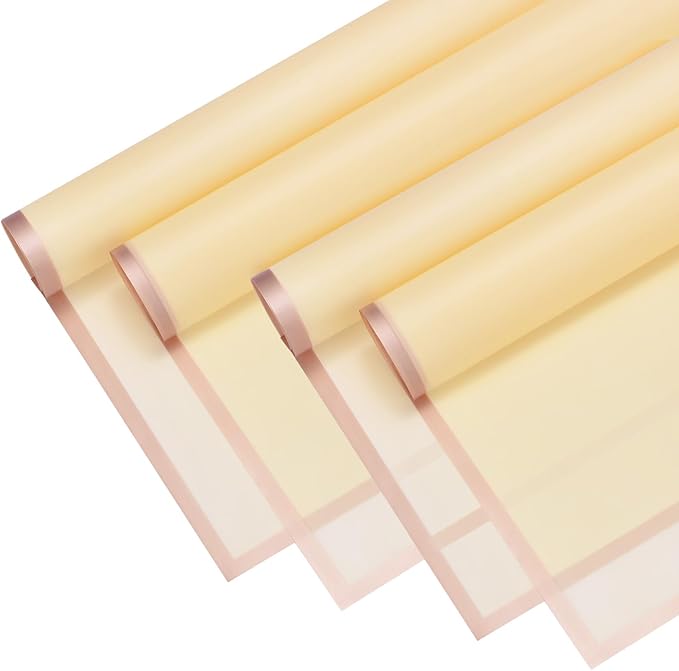 M METERXITY 20 Sheets Flower Wrapping Paper Bouquet, 23 Inch Light Yellow Gold Edge BOPP Waterproof Floral Wrapping Paper Flower Packaging DIY for Wedding/Party/Gift Bouquet Wrap Paper