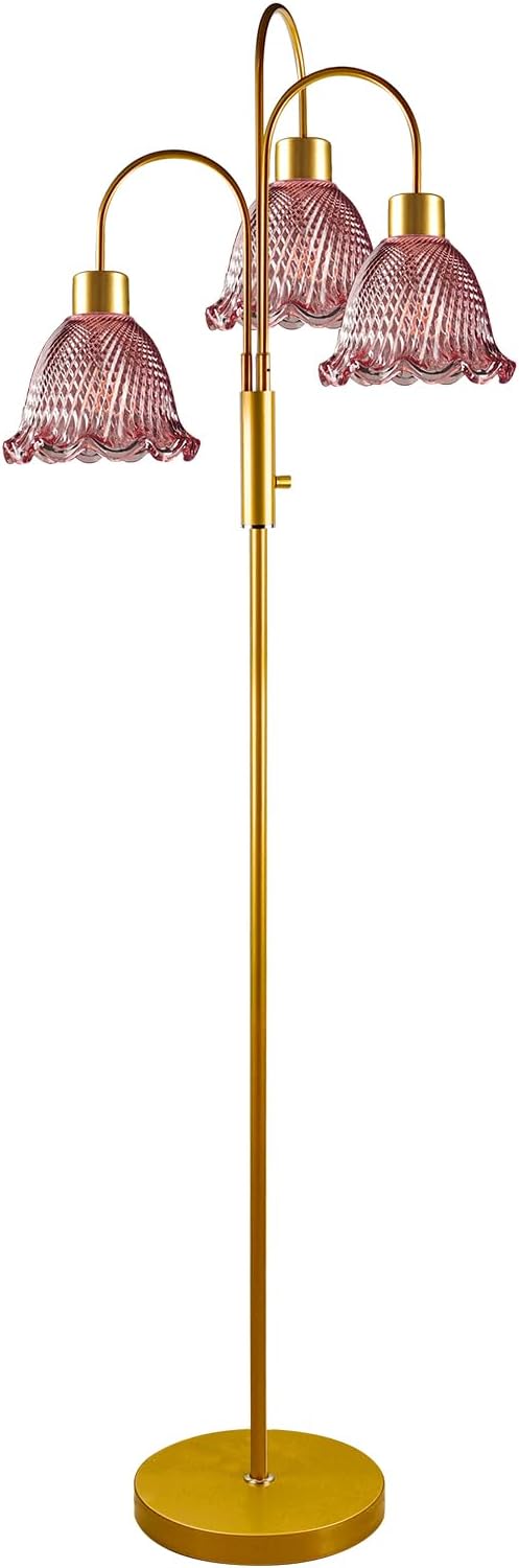 Lightdot 3-Light Glass Floor Lamp for Living Room, 70" Gold Dimmable Standing Tall Lamp with Deep Red Ribbed Glass Shades &3PCS 3000K Warm White Bulbs, Modern Tree Pole Lamp for Bedroom Home Decor