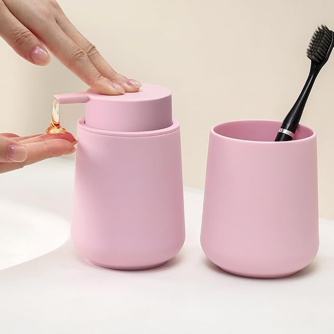 YAUKPH Matte Pink Bathroom Accessories 2 Piece Set Plastic Soap Dispenser and Toothbrush Holder for Modern Bathroom Decor