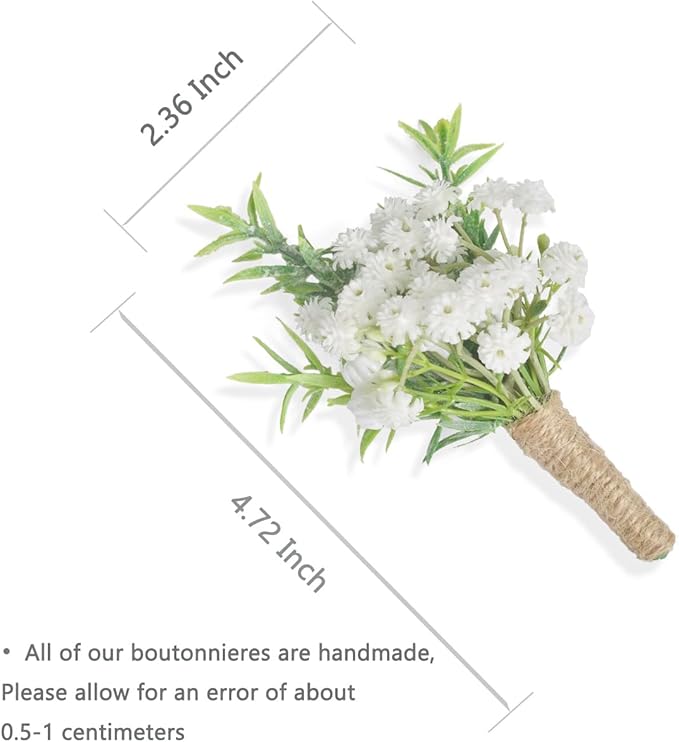 Baby Breath Boutonnieres for Men Wedding,Set of 2, Natural White Groom and Groomsmen Boutonniere with Pin for Rustic Fall Vintage Wedding, Prom and Homecoming