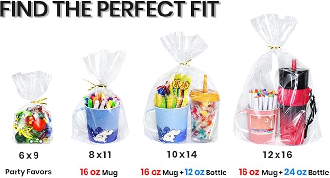 PigPotParty Cellophane Bags 8"x11", 100 Pack Clear Gift Bags, Bottom Gusset for Stand-Up Display, Plastic Cellophane Gift Wrap, Ideal for Mugs, Goodies, Treats, Party Favors, Includes Gold Ties