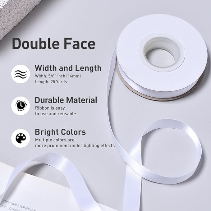 YAMA White Double Face Satin Ribbon 5/8 inch 25 Yards White Ribbon for Gift Package Wrapping Floral Design Hair Bow Clip Making Crafting Sewing Wedding Decor