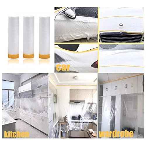 Painters Plastic With Tape, Pre-Taped Masking Film, 4 Rolls Automotive Best Tape and Drape, Paint Adhesive Protective Film Roll for Covering Skirting, Frames, Cars and Auto Body (5 X 65-Feet)