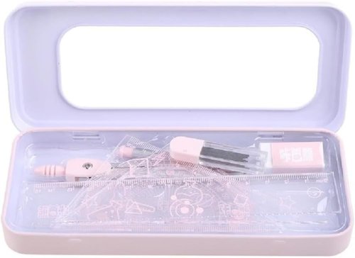7Pcs Pink Geometry Math Drawing Set - Compass, Protractor & Rulers in Portable Box for Students