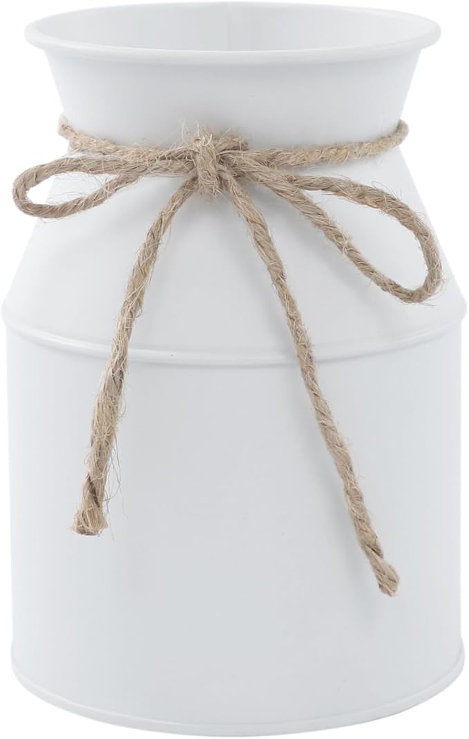 Flower Vase Decor, Farmhouse Metal Galvanized Milk Can Jug Vase with Bow, Flower Buckets for Artificial Flowers for Table Centerpiece Weddings(White)