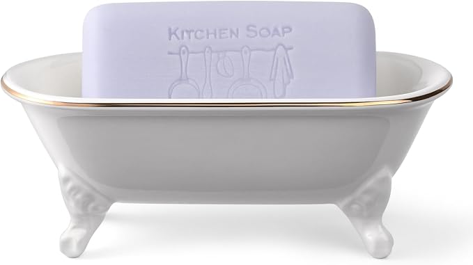 6.5" Ceramic Mini Decorative Clawfoot Bathtub Bar Soap Dish, Kitchen Sponge Holder and Shower Tray for Bathroom, 1 Pack (White Gold Rim)