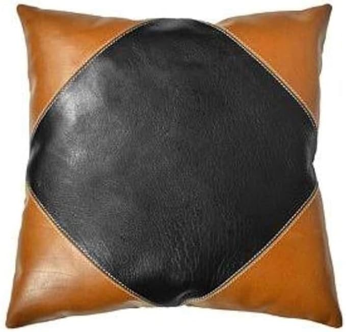 D DOLLY LAMB Lambskin Leather Pillow Cover - Sofa Cushion Case - Decorative Throw Covers for Living Room & Bedroom, 14x14 Inches - Camel Black Pack of 1