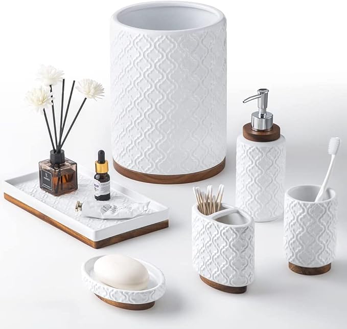 RQYIXI Elegant 6 PCS Ceramic&Wood Bathroom Accessories Set:Soap Dispenser,Toothbrush Holder,Tumbler,Soap Dish,Tray,Trash Can,Easy to Clean,Quatrefoil Pattern,White-Affordable Home Luxury