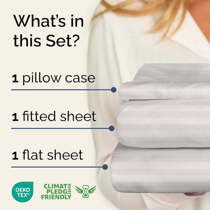 Grey Striped Sheets - 1 Flat & 1 Fitted Sheet & 1 Pillowcase w/ Deep Pockets - Comfy, Easy-Care, Wrinkle & Fade Resistant - Ultra-Soft, Breathable & Cooling - Luxury Pinstripe Bedding - Twin Size