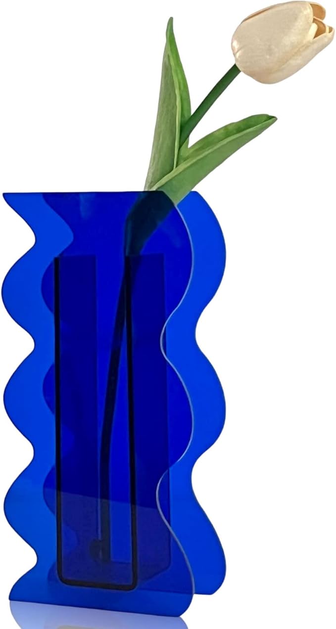 BLOFLO Klein Blue Acrylic Vase, Geometric Wave Shaped Vases for Flowers, Modern Contemporary Decor for Home Office Wedding