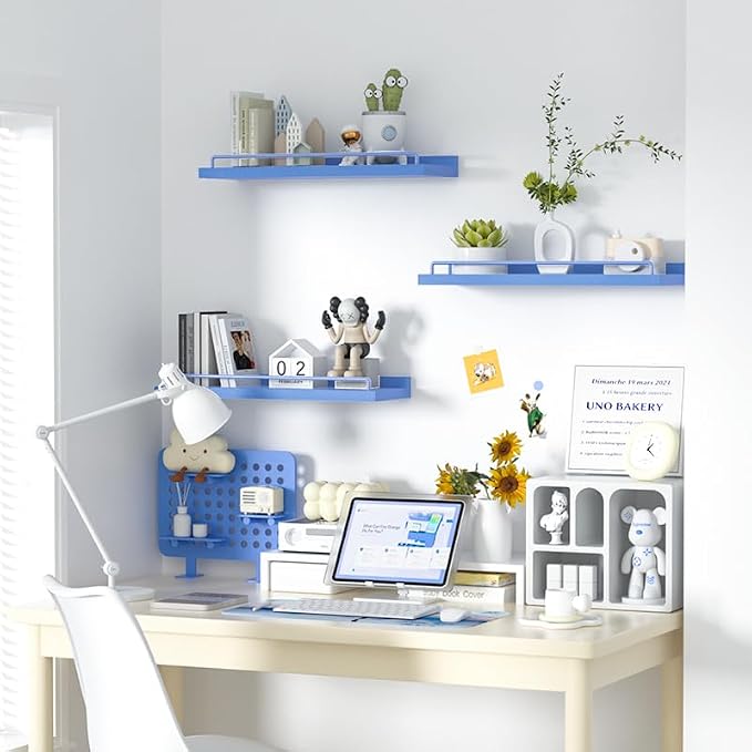 RYOFOBETTO Blue Floating Shelves, Room Decor Shelves,Pink Kawaii Room Decor Wall Shelves for Living Room, Bedroom, Picture Frames, Plants, Kitchen, Set of 3 (Blue)