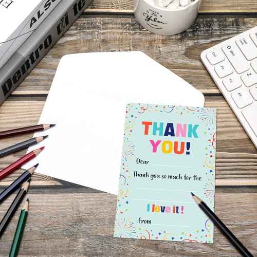 Eaasty 72 Pieces Kids Thank You Cards Fill in the Blank Thank You Notes with Envelopes Colorful Thanks Cards for Birthday Party(Confetti Style)