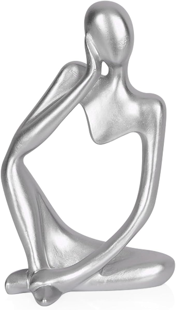 Sandstone Resin Thinker Style Abstract Sculpture Statue Collectible Figurines Home Office Bookshelf Desktop Decor (Small Silver, Left)