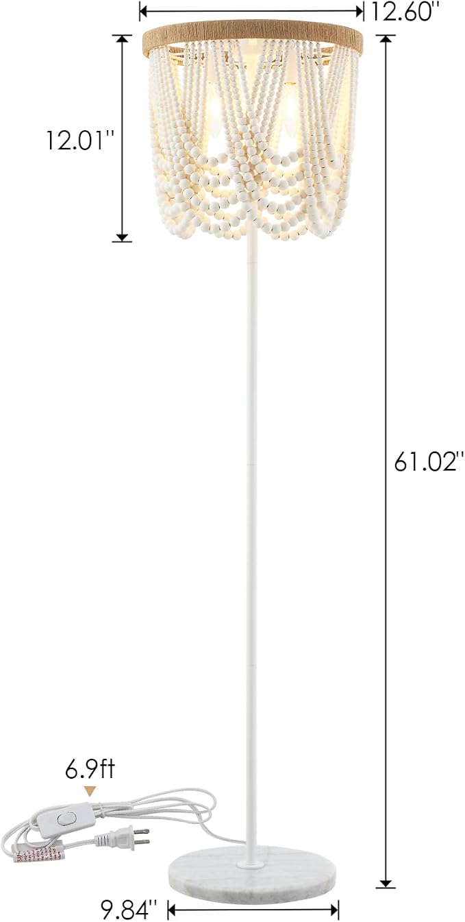 VILUXY Bohemia Wood Beaded Boho Floor Lamp - Antique Rustic White Finishing for Bedroom, Nursery, Dining, Girl Room - 3-Light