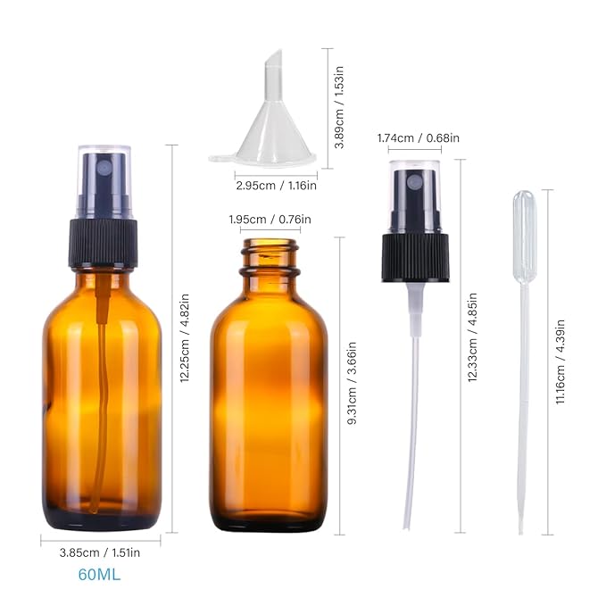 LUFEVRM 2oz Glass Spray Bottles,Empty Small Perfume Travel Refillable Reusable Fine Mister Spray Bottle for Hair,Cleaning Solutions,Aromatherapy and Essential Oil with Extra Nozzle (3 pack, Amber)