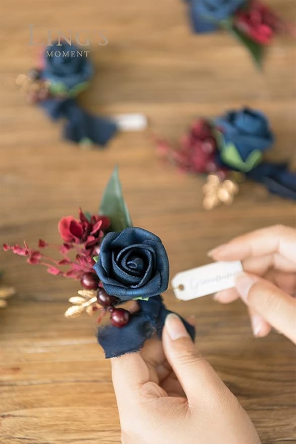 Ling's moment Artificial Rose Buds and Petite Roses w/Stem Pack of 24 for DIY Wedding Bouquets Centerpieces Decorations Boutonniere Corsages (Navy Blue)