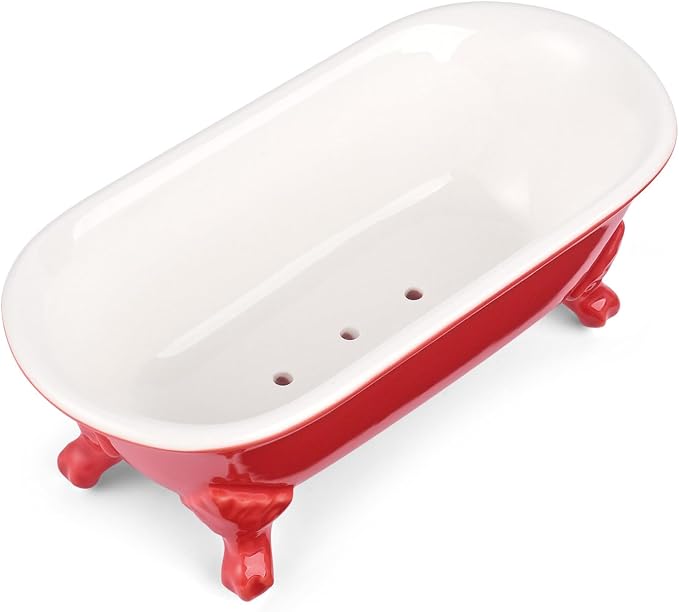 6.5" Ceramic Mini Decorative Clawfoot Bathtub Bar Soap Dish, Kitchen Sponge Holder and Shower Tray for Bathroom, 1 Pack(Chili)