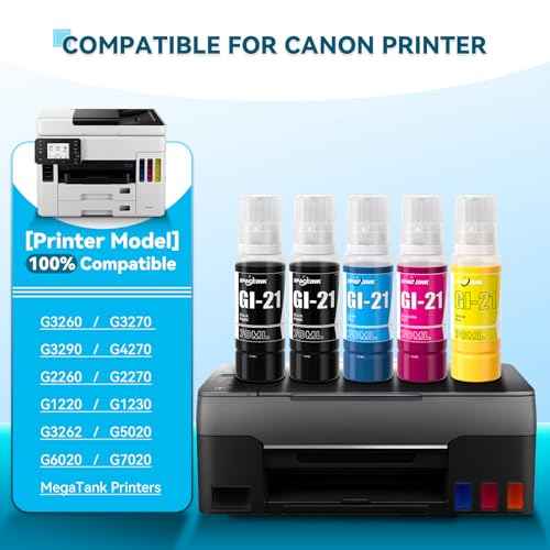 Spaceink GI-21 G3270 Ink Refill Bottles Compatible for Canon G3260 G3290 G4270 G4280 G2260 G2270 G1220 G1230 G3262 MegaTank Printer, for Canon GI21 Ink Bottles 5 Pack (2Black CMY)