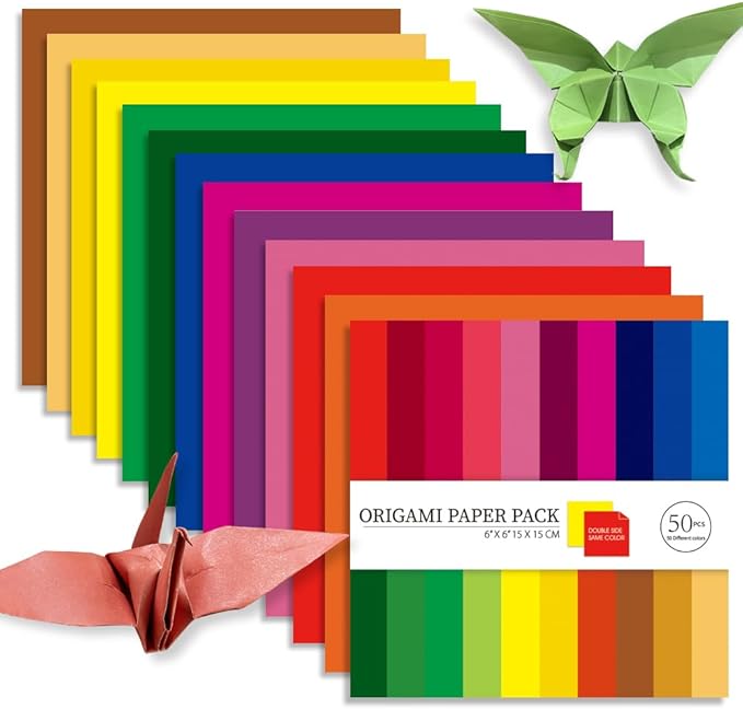 Square Origami Paper 6x6 Double Sided 50 Sheets 50 Colors 70GSM Origami Kit Japanese Chiyo Easy Fold Arts Crafts DIY Handwork Solid Color