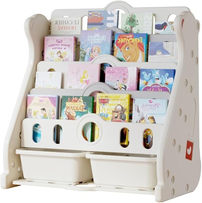 Kids Bookshelf and Toy Storage for Toddler, 4 Tier White Bookcase for Bedroom/Nursery/Classroom, Toddler Wall Corner Bookshelf Montessori Baby Book Storage Shelf(Grey)