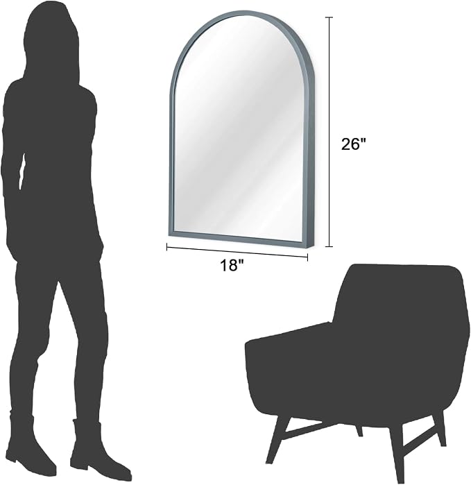 Arch Wall Mirror Bathroom Mirror Metal Framed Mirrors, Arched Wall Mounted Vanity Mirror for Bedroom Entryway Living Room 26"x18" Gray