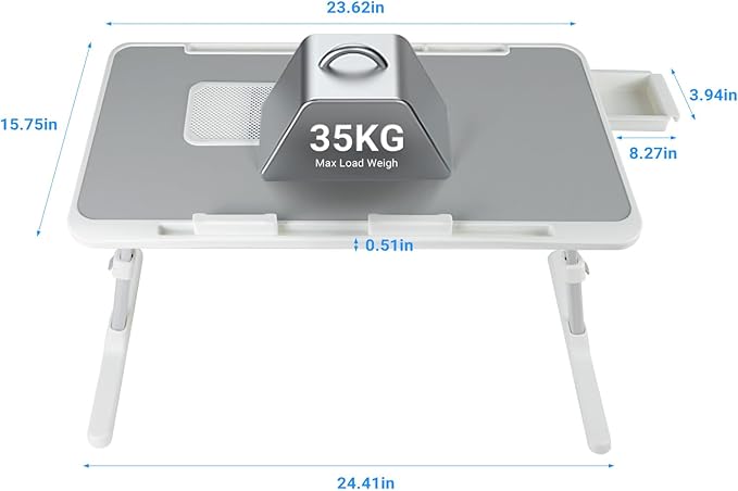 iXTRA Laptop Lap Desk with Cooling Fan - Adjustable with Light, USB, Storage Drawer - Folding Bed Desk,23.62"*15.74",Grey