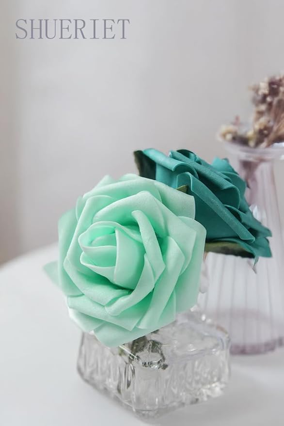 Light Green Artificial Roses 25pcs, Real Looking Fake Foam Flowers with Stems for DIY Wedding Bouquets, Baby Shower, Centerpieces, Spring Party, Home Decor