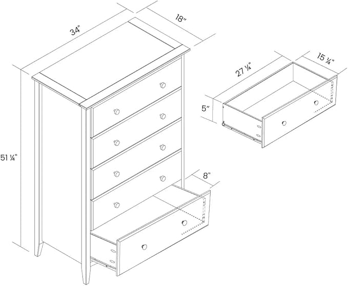 Grain Wood Furniture Greenport 5-Drawer Chest, Solid Wood with Brushed Hickory Finish