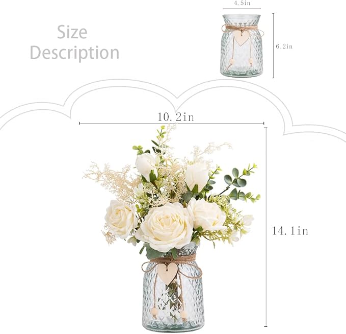 Silk Rose Flowers in Vase, Artificial Flowers Arrangement with Glass Vase Faux Rose for Decoration Table Centerpiece (White Rose)
