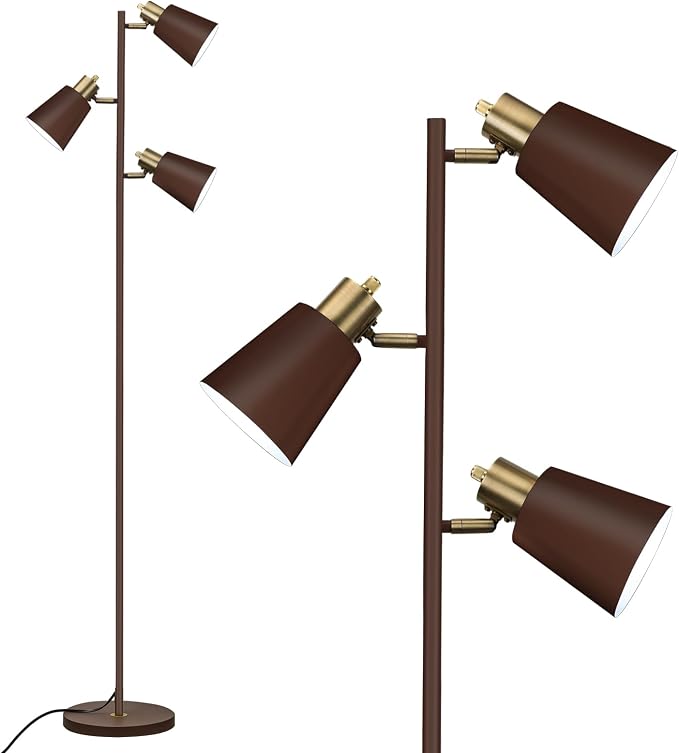 LALISU Tree Floor Lamp for Living Room, Industrial 3-Light Standing Lamp with 3 LED Bulbs, Adjustable Rotation Heads, Standing Tall Pole Lamp Farmhouse Rustic Reading Lamps for Bedroom Office (Brown)