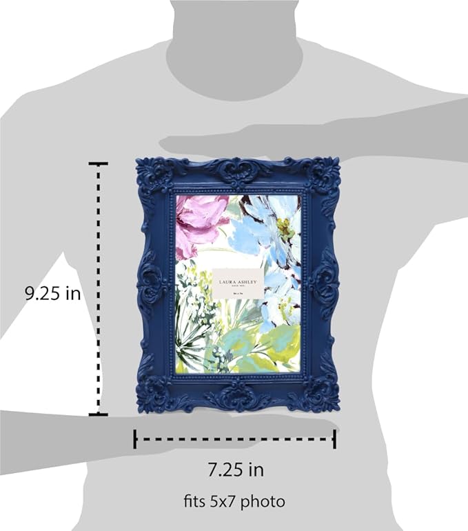Laura Ashley 5x7 Navy Ornate Textured Hand-Crafted Resin Picture Frame with Easel & Hook for Tabletop & Wall Display, Decorative Floral Design Home Décor, Photo Gallery, Art, More (5x7, Navy)