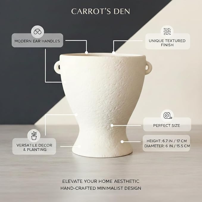 Ceramic Vase with Handles - Modern Terracotta Rustic Pottery for Home Decor, Living Room, House Decor Accents, Bookshelf, Console (Off-White)