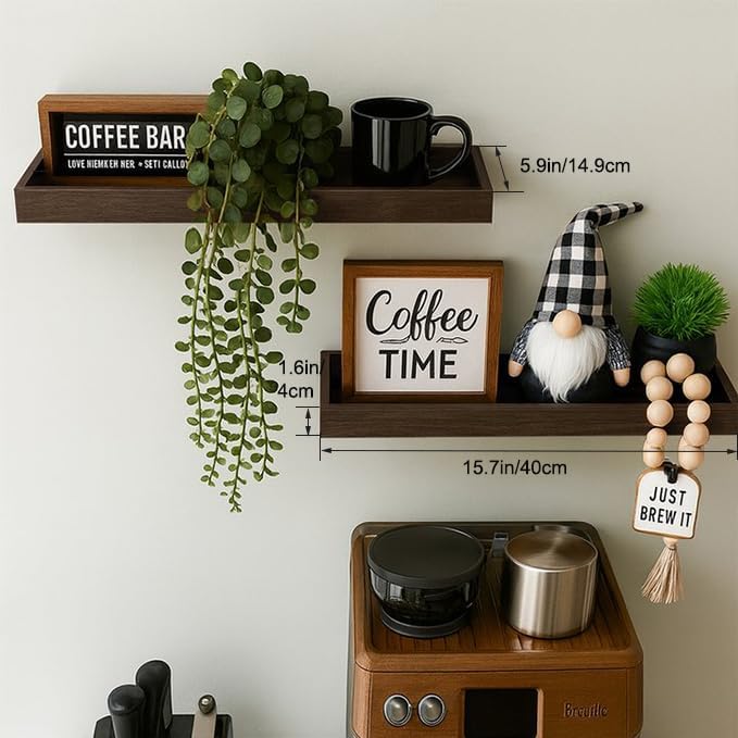 2 Pack 15.7 in Smoke Gray Floating Shelves for Wall, Wooden Wall Shelves for Bedroom Living Room Kitchen, Modern and Rustic Bathroom Shelves with Raised Lip, Floating Shelf for Storage Display