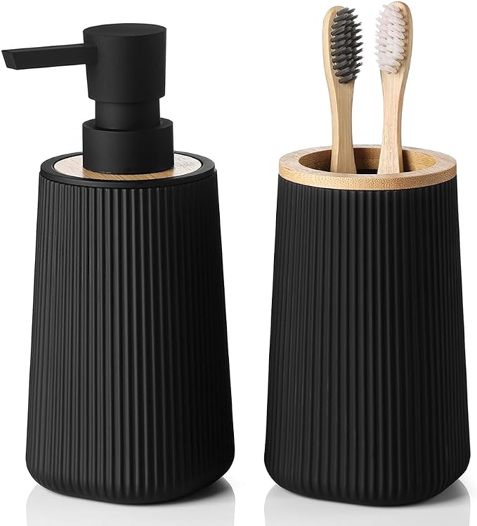 YAUKPH Bathroom Accessories Set 2 Piece Soap Dispenser and Toothbrush Holder for Bathroom Countertop Striped Black and Bamboo