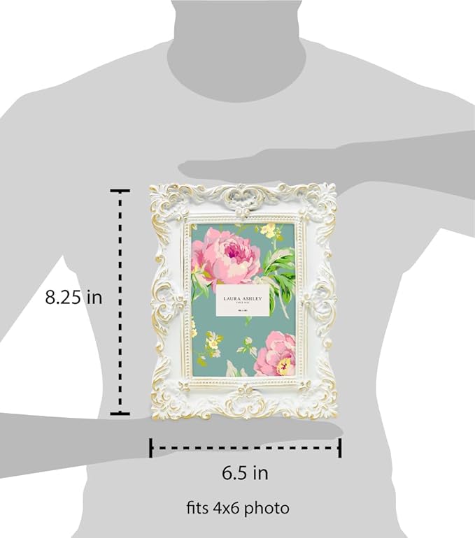 Laura Ashley 4x6 White & Gold Ornate Textured Hand-Crafted Resin Picture Frame w/Easel & Hook for Tabletop & Wall Display, Decorative Floral Design Home Décor, Photo Gallery, Art (4x6, White/Gold)