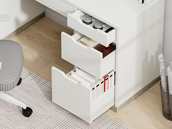 48 Inch White Desk with Drawers, Small Desk with 4 Storage Drawers for Kids, Computer Study Desk with Filing Drawers for Home Office