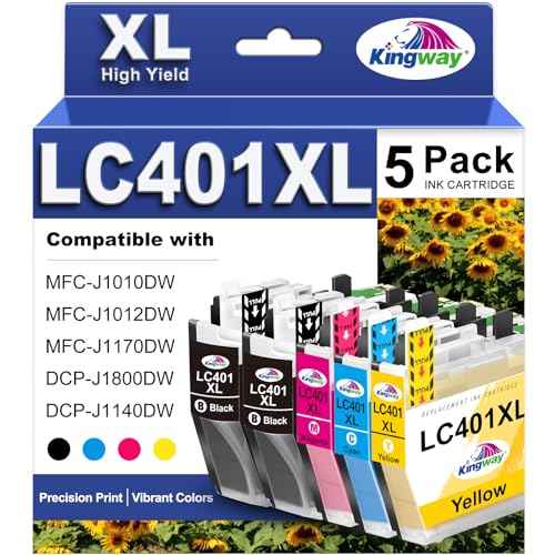 KINGWAY LC401XL Ink Cartridges for Brother High Yield Compatible for Brother LC401 Ink Cartridges LC401XL 401 XL Ink cartridges with MFC-J1010DW MFC-J1170DW MFC-J1012DW MFC-J1800DW Printe (5 Pack)