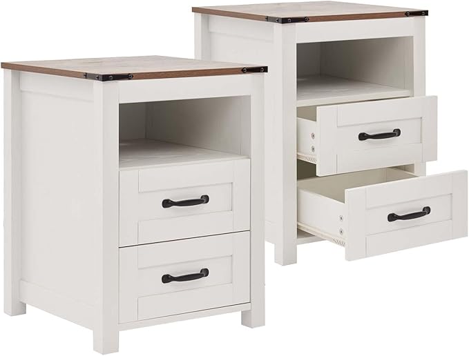 Farmhouse Night Stand Set of 2, Rustic White Nightstand for Bedroom, End Tables Without Charging Station, Bedside Table with Drawers, Wood Bedside Cabinet Dresser