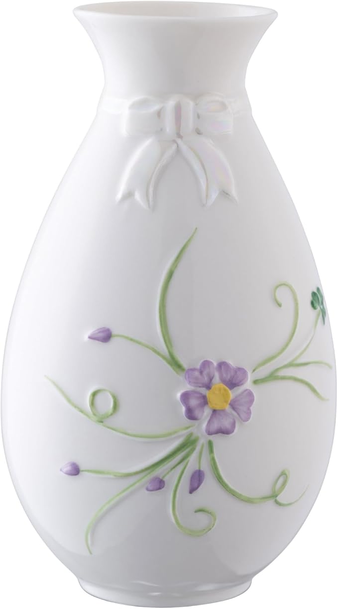 Belleek Ribbon Spill Vase - White Flower Vase Handcrafted Fine Parian China Shamrock Irish Decor, 3.5”D x 6”H