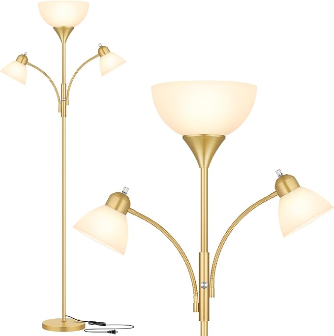 Coucrek Floor Lamp for Living Room,72" Dimmable Torchiere Lamp with 2 Reading Lights for Bedroom, Gold Tall Standing Room Lamp, 3 Bulbs Included
