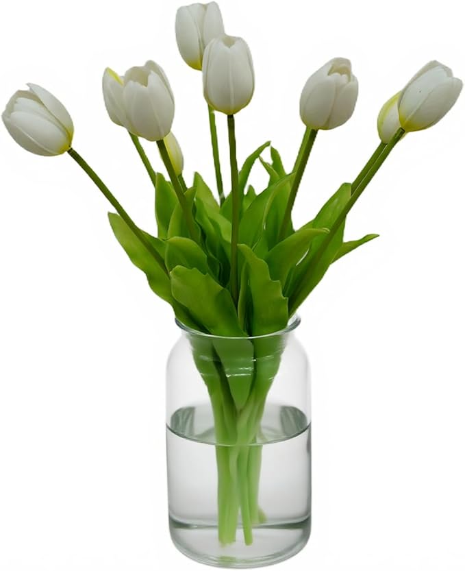 10PCS White Tulips Artificial Flowers Real Touch Fake Tulips Fake Flowers White Flowers Artificial Mother's Day Easter Valentine'S Day Gifts Spring Decorations For Home