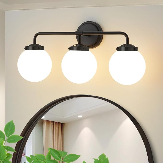Black Bathroom Light Fixtures Over Mirror, 22.4'' 3-Light Modern Vanity Lighting with Milk White Glass Globe Shade Wall Sconce