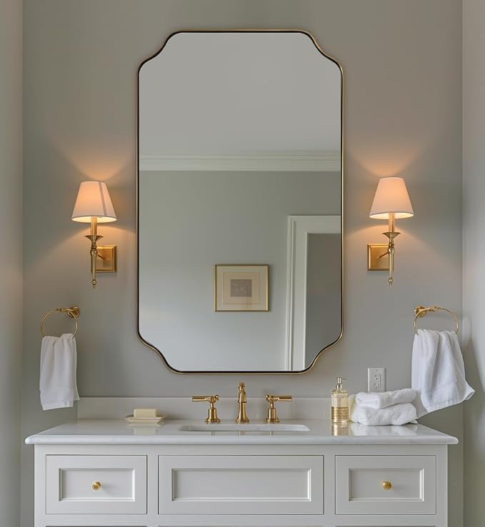 ANDY STAR 24"x40" Gold Mirror, Brushed Brass Scalloped Wall Mirror, Unique Rectangle Mirror, Bathroom Vanity Mirror in Anti-Rust Stainless Steel Metal Frame 1’’ Deep, Hangs Vertically/Horizontally