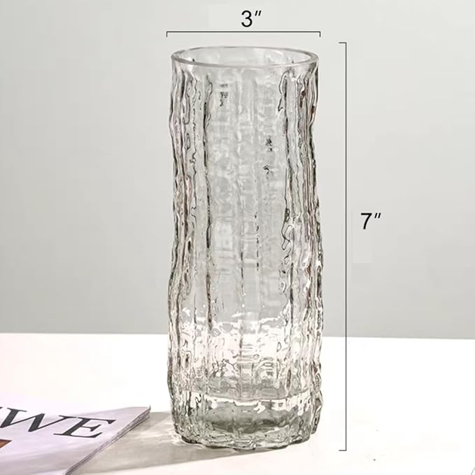 Clear Glass Vase Cylinder 7" Ribbed Thickened Flower Vase Crystal Vase for Modern Centerpieces Home Decor Living Room Bedroom Dining Table Office Wedding Decoration Gift (Clear)