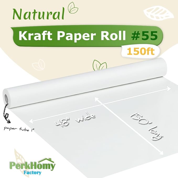 PerkHomy White Kraft Paper Roll 48" x 1,800" (150') for Gift Wrapping Bouquet Flower Art Painting Craft Writing Packaging Shipping 80GSM 55LB (White, 48" x 150')