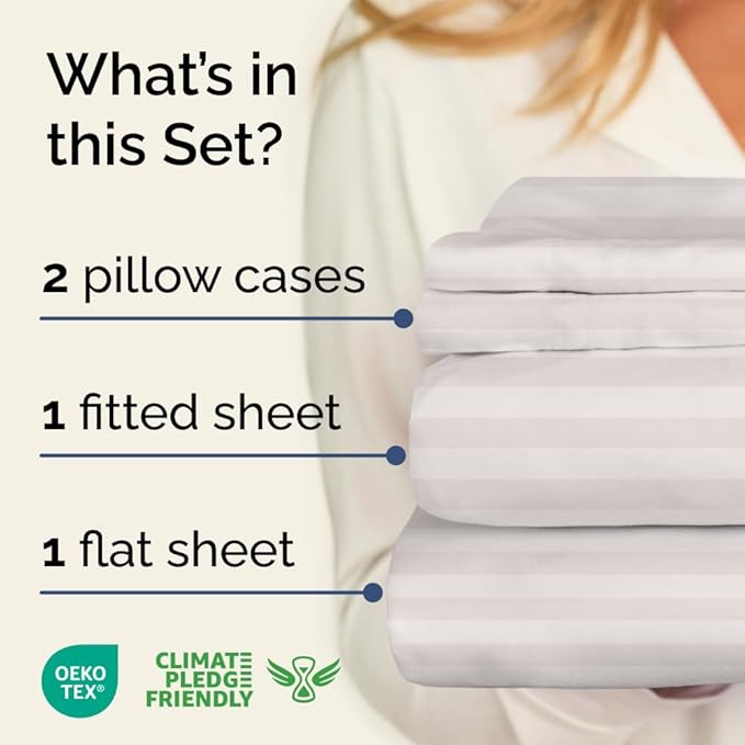 Grey Striped Sheets - 1 Flat & 1 Fitted Sheet & 2 Pillowcases w/ Deep Pockets - Comfy, Cozy, Wrinkle & Fade Resistant - Ultra-Soft, Breathable and Cooling - Luxury Pinstripe Bedding - King Size