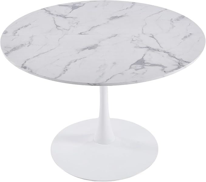 42" Tulip Table for 4-6 Persons Modern Round Dining Table, Mid-Century Modern White Marble Small Kitchen Table with MDF Wooden Top, Leisure Coffee Table for Living Room, Dining Room, Office