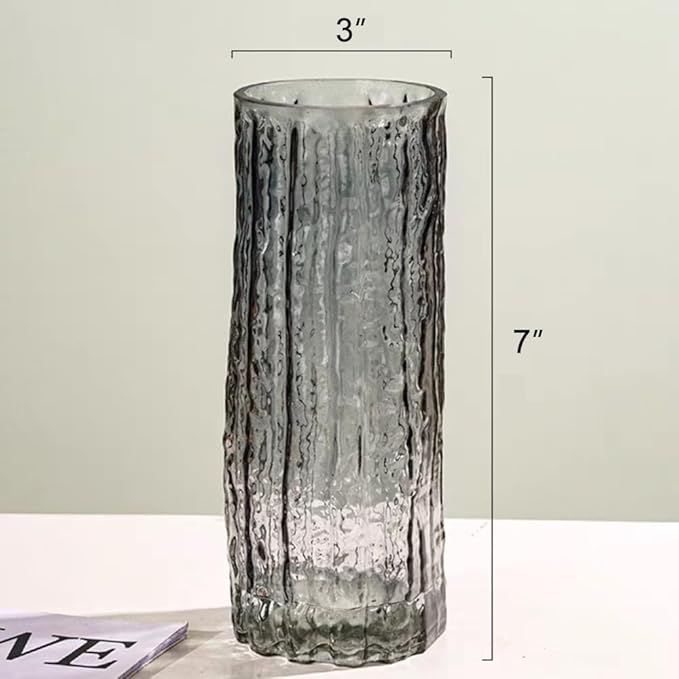 Clear Glass Vase Cylinder 7" Ribbed Thickened Flower Vase Crystal Vase for Modern Centerpieces Home Decor Living Room Bedroom Dining Table Office Wedding Decoration Gift (Grey)
