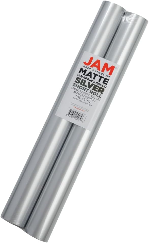 JAM Paper Gift Wrap - Matte Wrapping Paper - 52.6 Sq Ft Total (17 in x 18 Ft Each) - Matte Silver Foil - 2 Rolls/Pack