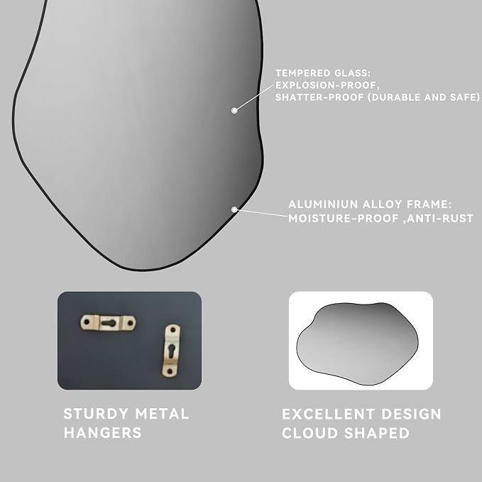 41"x28" Irregular Wall Mirror Cloud Asymmetrical Shaped Black Aluminum Alloy Framed Mirror for Living Room Bathroom Bedroom Entryway Fireplace
